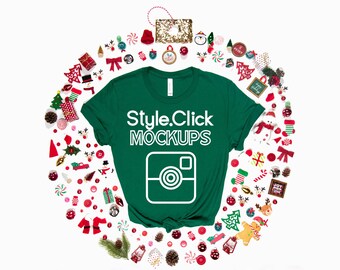 Bella Canvas 3001 Evergreen T-shirt Mockup | Bella 3001 Styled Christmas Photo | Holiday Mock up | Bella + Canvas 3001c Mock | 3001 v2