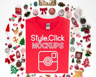 Red Gildan 18000 Sweatshirt Mockup | Gildan Christmas Ball Ornament Shirt Mockup | Gildan G180 Red Christmas Holiday Mock | Red Sweat Shirt