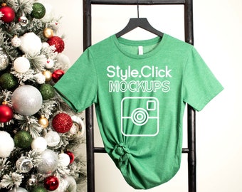 Heather Grass Green Bella Canvas 3001CVC T-shirt Mockup | Bella 3001 Christmas Mockup Photo | Holiday Mock up | Athletic Heather Styled 3001