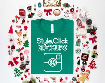 Bella Canvas 3001 Kelly Green Tshirt Mockup | Bella 3001 Christmas Ball Ornament Mockup | Holiday Mockup | Kelly Green 3001c Styled Mockup |