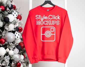 Gildan 18000 Red Sweatshirt Mockup | Gildan Christmas Mockup Photo | Gildan 18000 Holiday Mock | Gildan G180 Mockup | Red 18000 Mock up