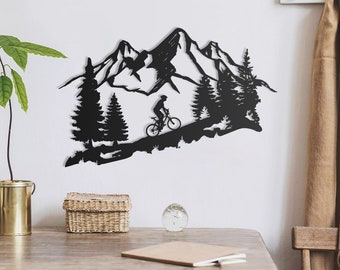 Mountain and forest wall art Mountain wood wall art Cyclist wall art Mountain wood wall decor Biker wall decor Biker wall art