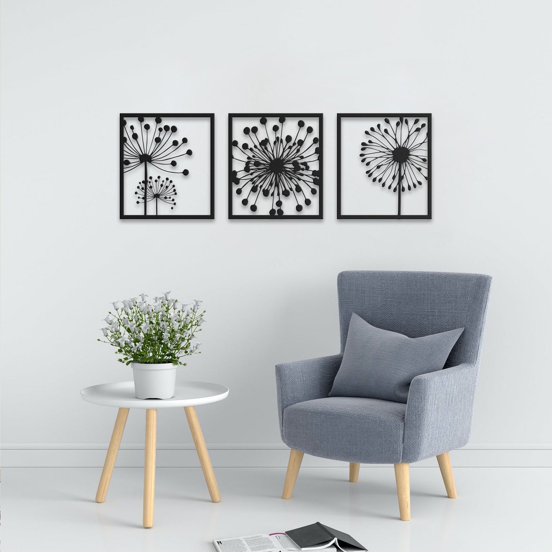 Dandelion Trio Metal Wall Art Decor, Decoration for Livingroom, Metal