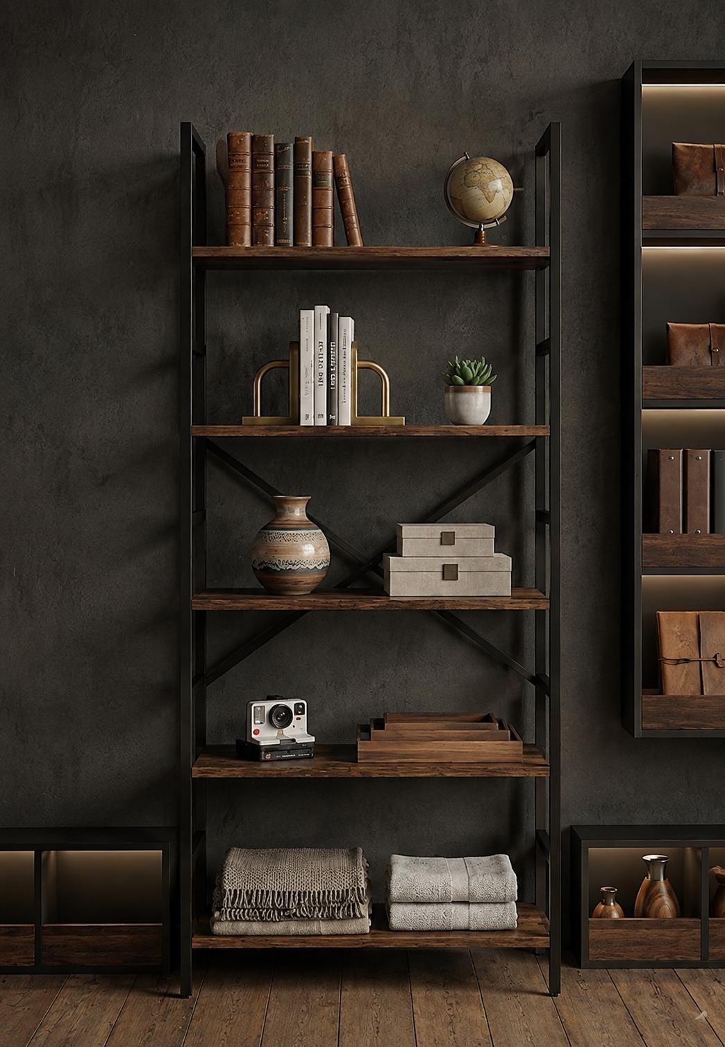 Walnut Wood Industrial Bookshelf, 5 Tier Rustic Metal Bookcase, Farmhouse Display Shelf