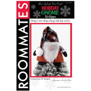 May include: A holiday gnome tree topper with a plaid hat, white beard, and orange coat. The gnome has a snowflake on its hat and is designed to fit on top of a Christmas tree. Finished size is 14 inches (height).