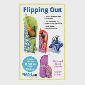 May include: An advertisement for "Flipping Out" zippered cases in two sizes. The cases are shown in various colors and patterns, including blue, green, and pink. The cases have mesh pockets and convert to sturdy stands. The text includes a coupon for a video tutorial.