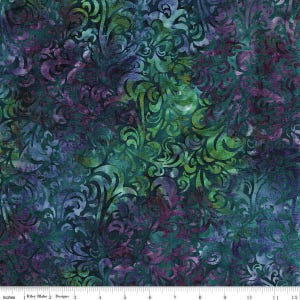 May include: Fabric with a swirling, ornate pattern in shades of teal, green, and purple. The design features a repeating motif of stylized leaves and curls, creating a textured, layered effect. The fabric is approximately 12 inches wide.