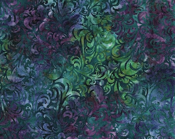 May include: Fabric with a swirling, ornate pattern in shades of teal, green, and purple. The design features a repeating motif of stylized leaves and curls, creating a textured, layered effect. The fabric is approximately 30 cm wide.