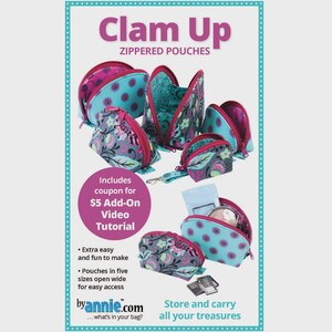May include: An advertisement for "Clam Up" zippered pouches. The pouches are in various sizes and feature a floral and polka dot pattern in teal, pink, and gray. The image includes text about the pouches and a coupon for a video tutorial.