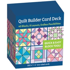 May include: A blue box titled "Quilt Builder Card Deck" with colorful quilt block designs. The box states it contains 40 blocks, 8 layouts, and endless possibilities. The cards are 4" x 4" and two-sided. A green banner reads "Quick & Easy Block Tool!"