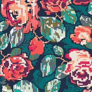 May include: A dark blue background with a pixelated floral pattern. The flowers are in shades of pink, red, and white. The leaves are in shades of green and blue.