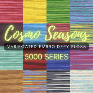 May include: A collection of 12 variegated embroidery floss skeins in the Cosmo Seasons 5000 Series. The skeins are arranged in a grid pattern and feature a variety of colors and patterns.