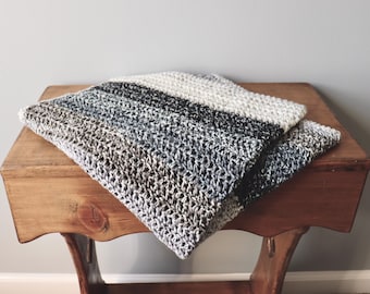 Crochet Baby Blanket, handmade, Gray Black Cream, Striped Throw,  27x27