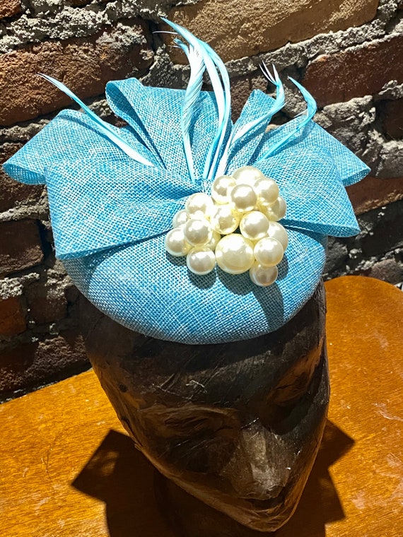 Teal and Pearl Faux Sinamay Mini Hat with Headband and Alligator Clip