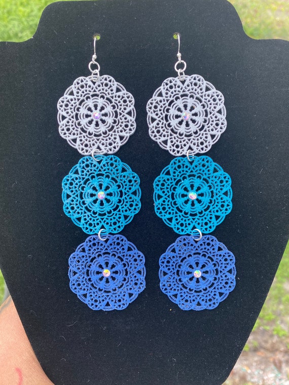 Long Multi-Color Mandala Earrings w/Crystals - Lightweight Polymer Clay Earrings - Nocturne Curio