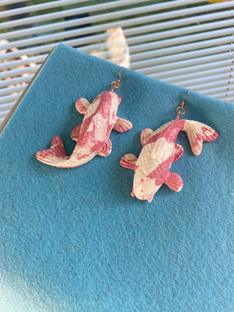 Pink and White Polymer Koi Fish Earrings Valentine's Day Etsy