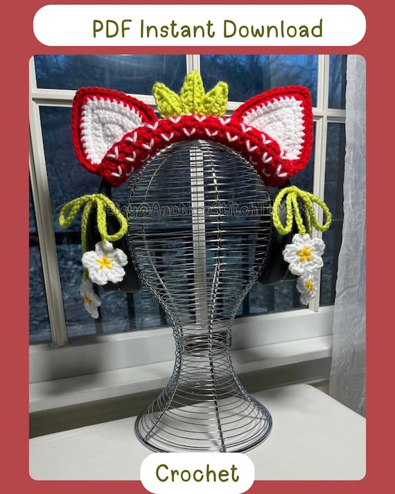 CROCHET PATTERN for the Strawberry Cat Headphone Cover! -Strawberry Cat Ear Cozy – Kawaii Tech Accessory – Removable Cover- PDF-