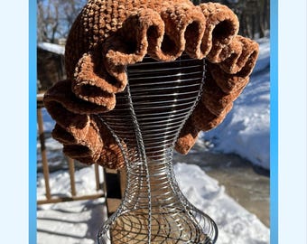 CROCHET PATTERN for the Velvet Ruffle Hat - PDF - Soft Velvet Yarn Crochet - Adjustable Sizing - Winter Accessory - Soft Beanie Hat -