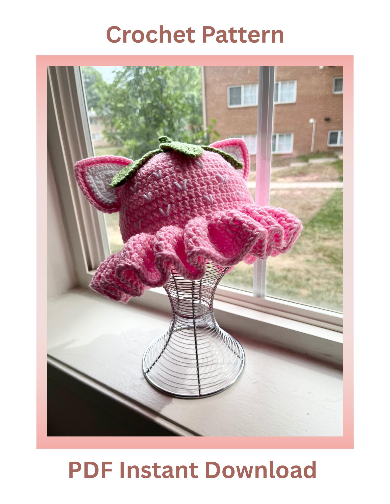 CROCHET PATTERN for the Strawberry Cat Ruffle Bucket Hat! -Ruffle Beanie PDF – Kawaii Hat – Cute Fruit Hat – Adjustable Size pattern