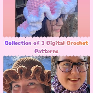 かぎ針編みパターン ベルベットフリルハット用ベルベットコレクション - ベルベットマッシュルームフリルハット - ベルベットフリルネックウォーマー - PDF - ブランケットヤーン -