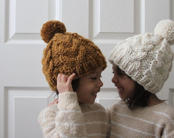 Cable Knit Beanie - Ready To Ship - Chunky Toddler Hat - Pom Pom Beanie - Cable Knit Hat - Child Size - Hand Knit - Handmade