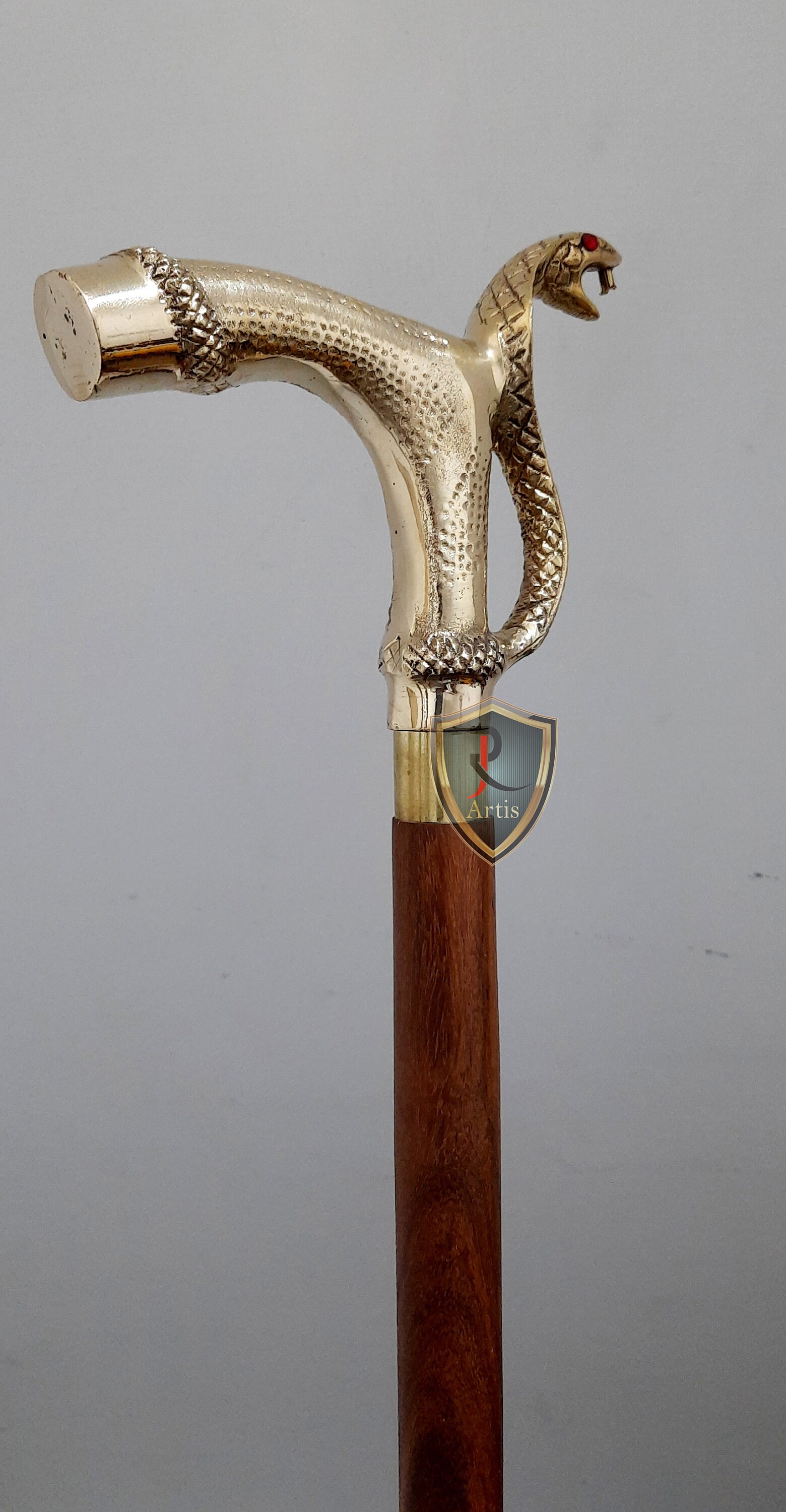 Rj.Artis Wooden Walking Stick Brass Snake Head Handle Wooden Etsy