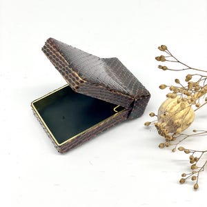 Könnte beinhalten: Geöffnete, rechteckige, braune Schatulle mit strukturierter Schlangenmusterung. Das Innere ist schwarz mit goldfarbenem Rand. Die Schatulle liegt auf einer weißen Oberfläche mit getrockneten Pflanzen im Hintergrund. Für kleine Gegenstände.