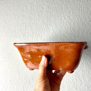 Könnte beinhalten: Eine rechteckige, braune Keramik-Backform mit glänzendem Finish. Die Form hat eine leicht gebogene Form mit kleinen Füßen und Griffen. Die Form wird vor einer weißen, strukturierten Wand gehalten.