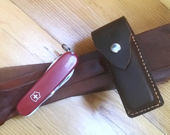 Étui en cuir pour couteaux de poche - Victorinox, étui à couteau en cuir marron, étui en cuir pour couteau pliant de poche, idée cadeau, étui à couteau fait main