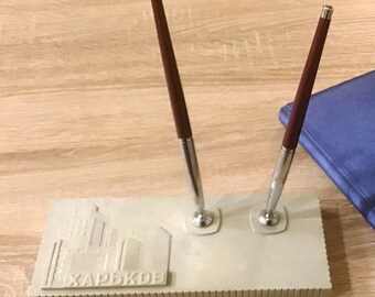 Vintage Kharkov Pen Holder with USSR Fountain & Ballpoint Pens