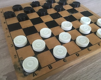 Vintage Soviet carbolite checkers with game board, vintage checkers, Russian checkers, black and white checkers, checkers set