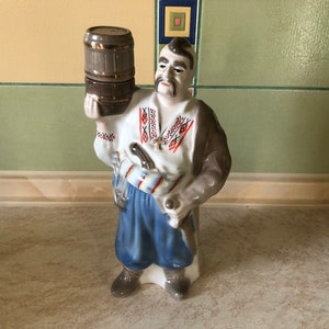Shtof (porcelain bottle) for men - Ukrainian Cossack in national costume, 90s vintage porcelain figurine, gift idea, table decor