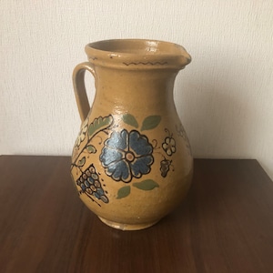 Vintage crock, large hand painted earthenware ewer in glaze from the first half of the 20th century for rustic decor, pottery pot Clay