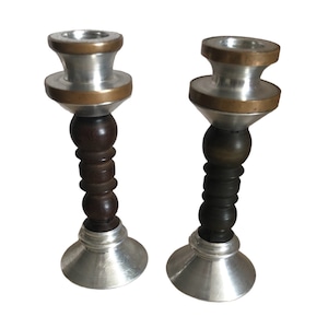 Vintage USSR Prison Art Candlesticks: Brass, Aluminum & Bakelite Pair