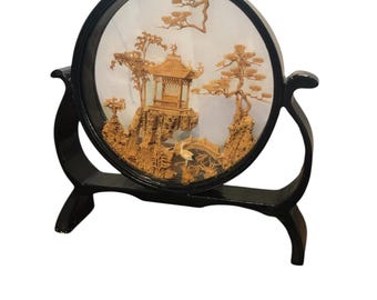 Vintage Chinese cork diorama handmade 60's, christmas gift idea