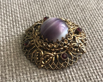 Vintage USSR Gold Plated Brooch: Agate & Ruby Accent