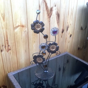 Vintage Metal Flower Stand: Colored Glass Inserts, Brass Filigree