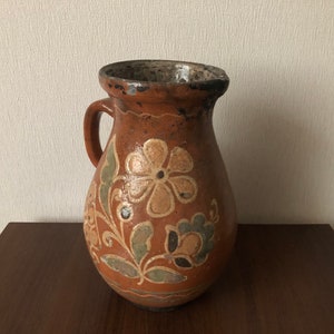 Vintage crock, large hand painted earthenware ewer in glaze from the first half of the 20th century for rustic decor, pottery pot Clay
