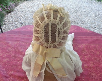 Exquisite Antique French Ribbons and Lace Baby Bonnet Handmade for Display or Photo Prop