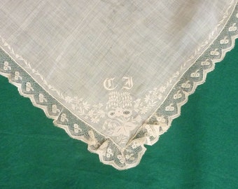 Antique 1800s French Ecru Lace Embroidered Monogram Handkerchief