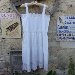 Antique French Day Chemise Slip Dress White Cotton Handmade with Broderie Anglaise and Lace Early 1900s