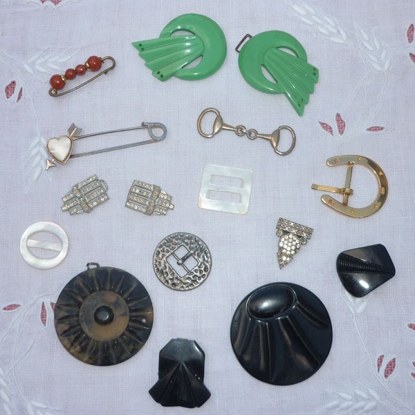 Lot of 14 Vintage Destash Buckles Clasps Kilt Pin Brooch & More