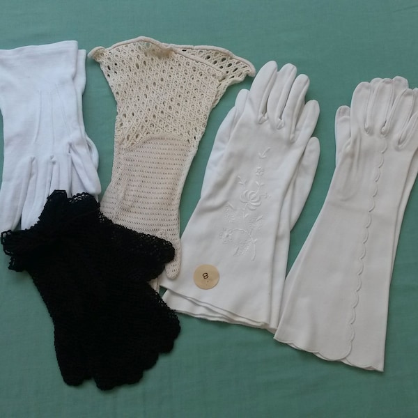 Lot de 5 Paires Gants vintage Femme Tailles Assorties, Fantaisie et Uni, Blanc, Ecru et Noir