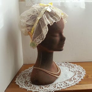 Vintage French Boudoir Bonnet Ecru Lace and Net with Ribbon Trims Handmade 1920s or 30s
