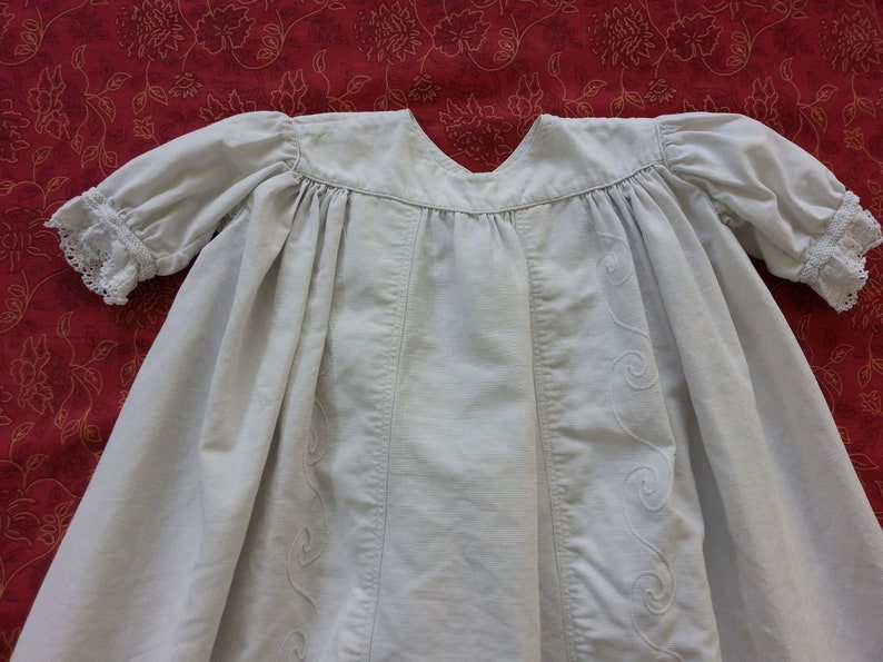 Antique Baby Dress White Cotton Rib Fabric With Embroidery Detail