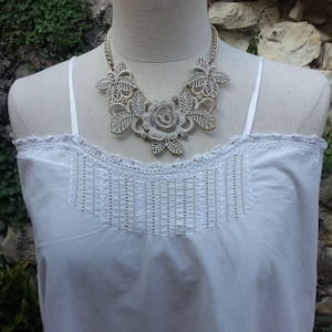Vintage French 1920s 1930s White Cotton Day Chemise Slip with Gorgeous Embroidery Detail at Top of Centre Front