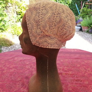 Antique Women&#39;s French Lace Coiffe Bonnet Cap Pale Coffee Colour Handmade