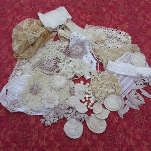 Lot of Vintage and Antique Mixed Lace, Trims, Embellishments and Buttons Creative Sewing Bundle Craft Projects