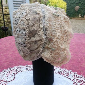 Antique French Women&#39;s or Young Child&#39;s Ecru Bonnet Coiffe Handmade Very Fancy with Lace and Soutache Embroidery for Study or Repair