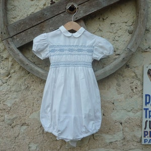 Vintage 1950s French Baby Romper with Smocking White Cotton Handmade